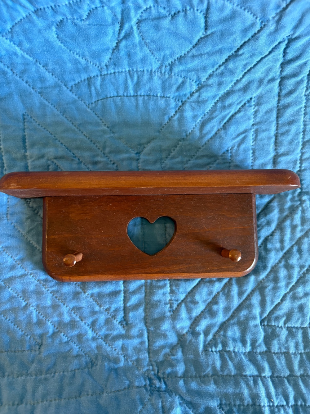 Vintage Mini Wooden Heart Accent Wall Shelf in Brown With Pegs Country Cottage